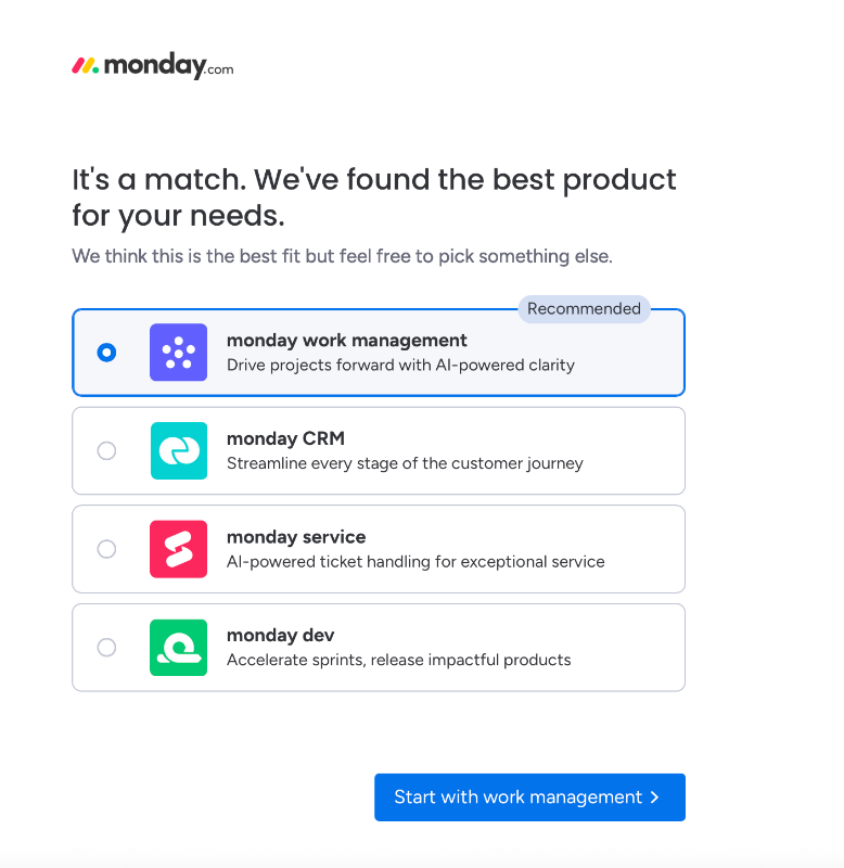 Monday’s product recommendation screen at the end of the onboarding survey.
