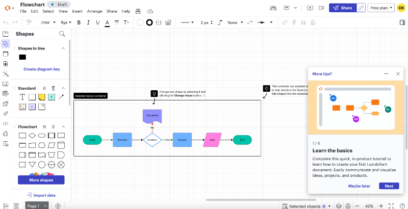 Lucidchart uses slideout modals for its walkthrough.