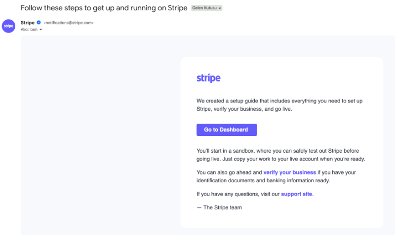 Stripe’s first onboarding email.
