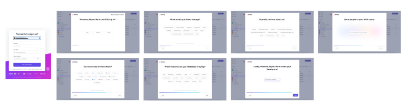 ClickUp’s signup flow and onboarding survey.
