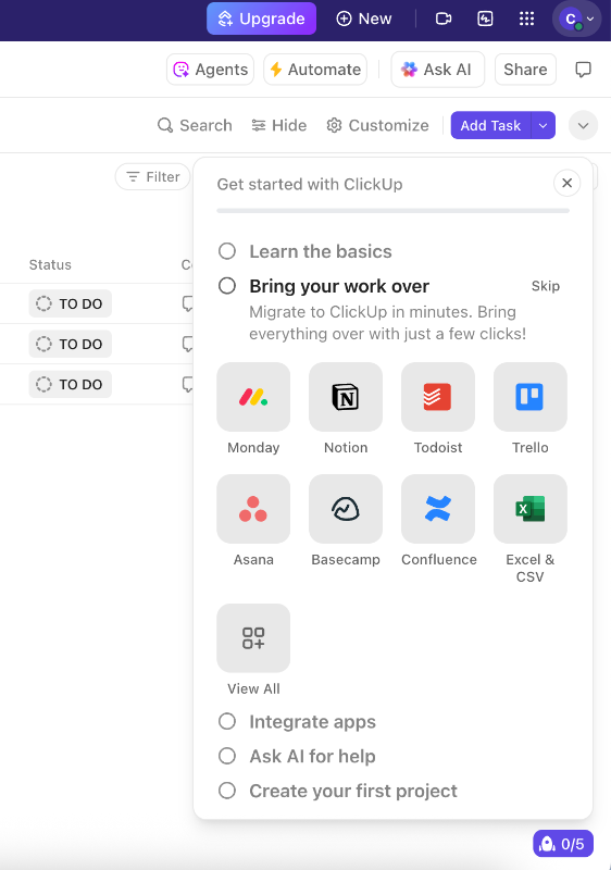 ClickUp’s onboarding checklist.