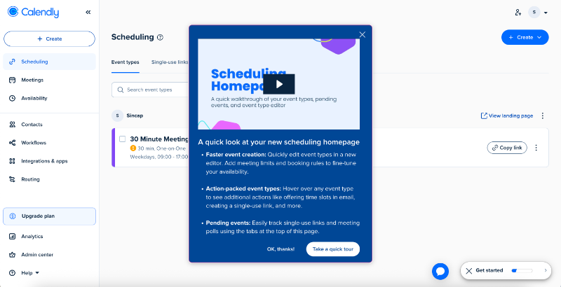 Calendly’s welcome modal with video.