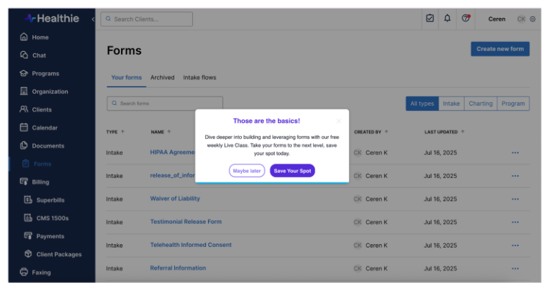 Healthie encourages users to join a live product demo for more advanced tips after the onboarding walkthrough.