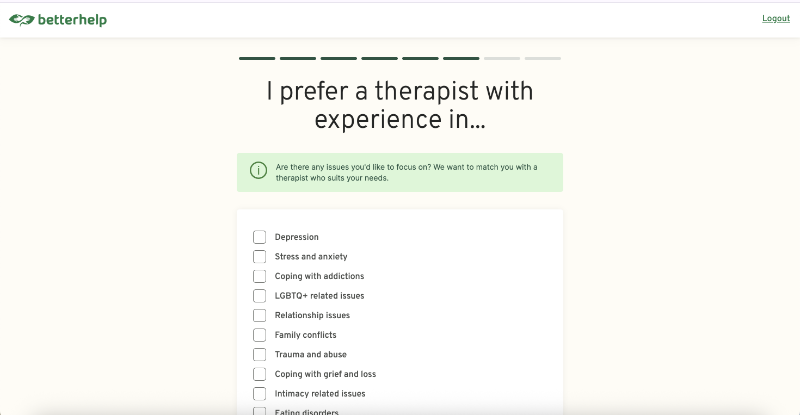 Betterhelp’s personalization survey asks the patient about their expectations from their therapist, including their specialty areas.
