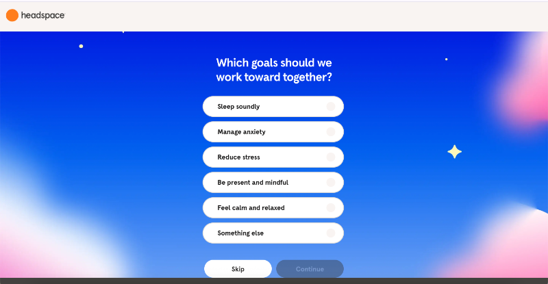 Headspace asks users about their health goals during the onboarding survey.