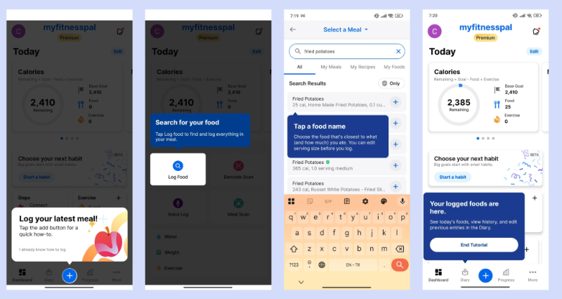 Myfitnesspal’s interactive tutorial shows users how to log meals.