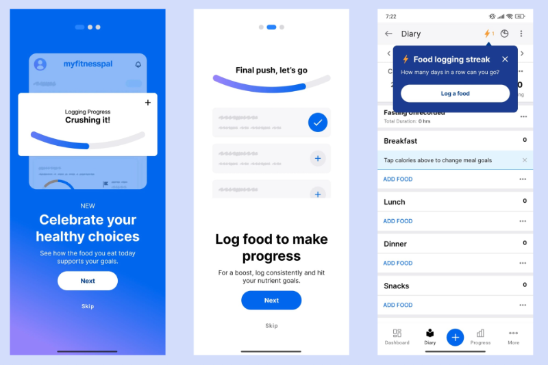 Myfitnesspal motivates users to engage with the app through streaks and progress indicators.