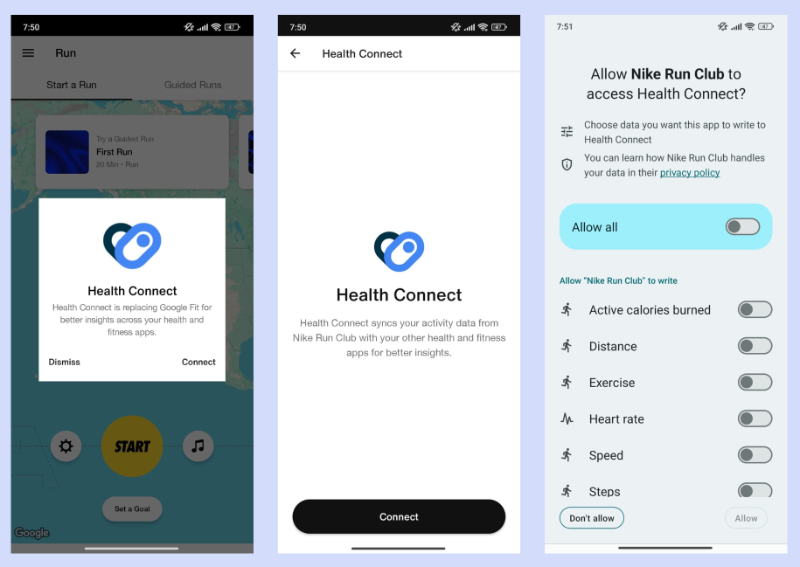 Nike Run Club’s first onboarding task is to connect existing health apps (Health Connect or Apple Health) with the platform.