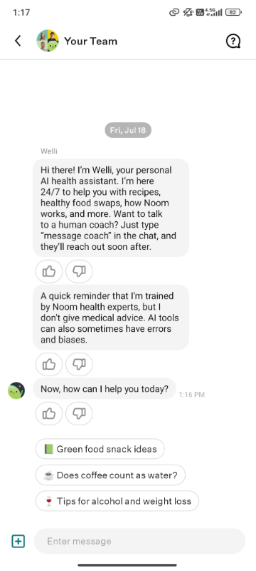Noom’s AI health assistant, Welli, introduces itself to the user during the first user session to help them get value out of the app.