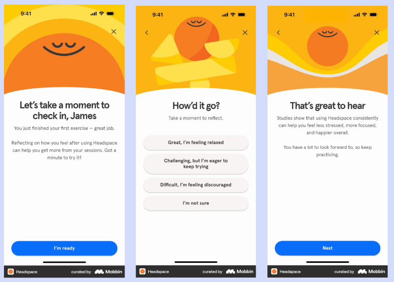 Headspace’s quick feedback and reflection survey after a session.
