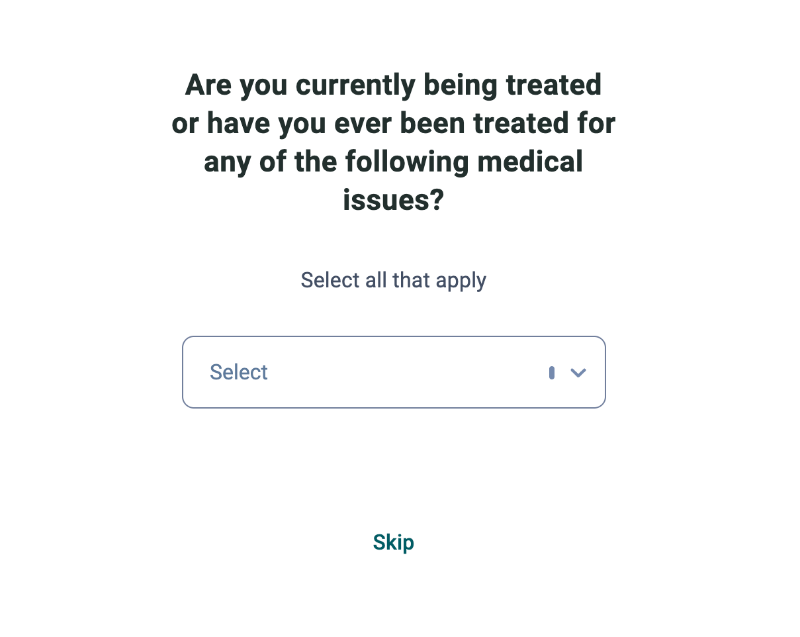 Talkspace’s flexible patient onboarding survey with skippable questions.