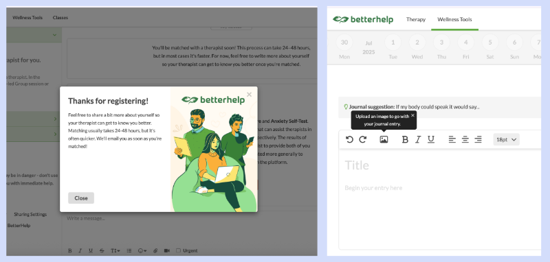 Betterhelp’s welcome modal and an example tooltip from their UI.