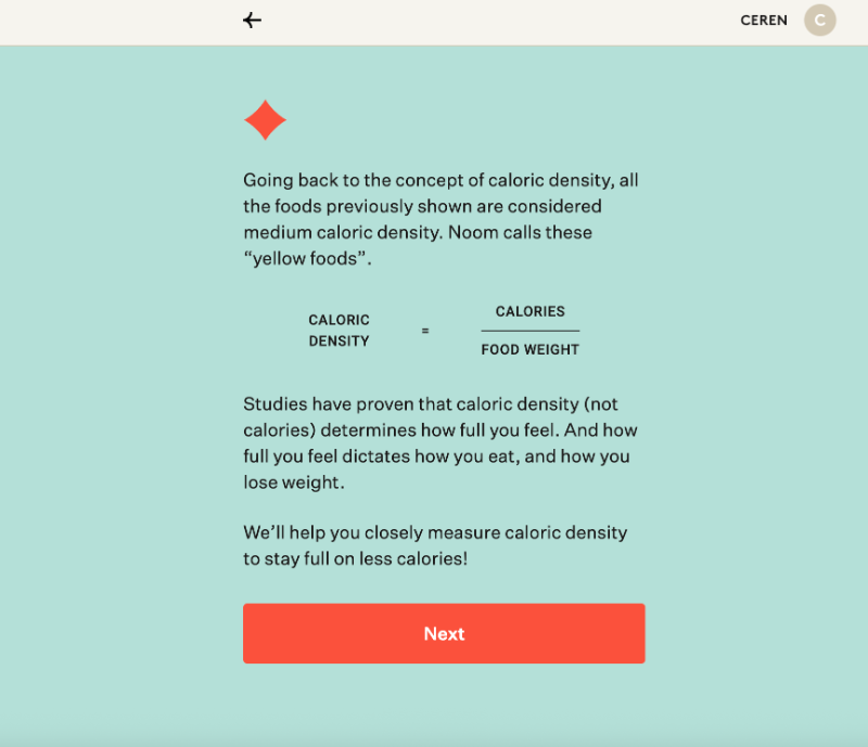 Noom uses survey section breaks to inform and further motivate the patient.