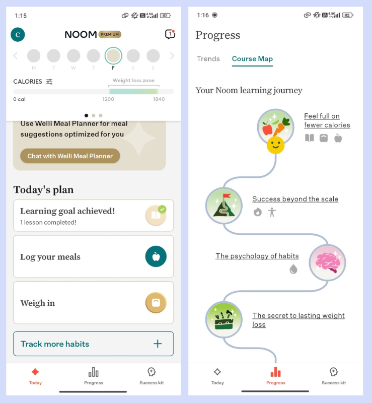 Noom’s daily checklist and gamified learning journey map.