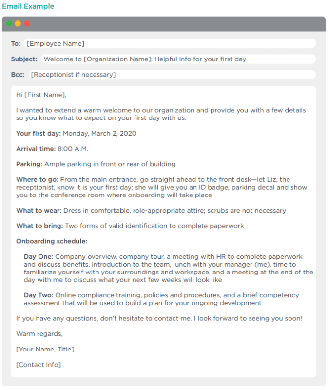 Preboarding email template.