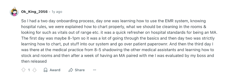 A medical assistant’s role-specific onboarding experience.