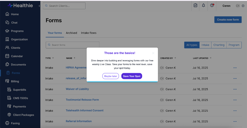 Healthie’s popup modal that invites the user to the next live class.