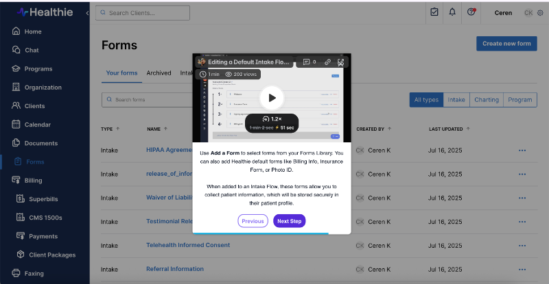 An example step with video from Healthie’s walkthrough.