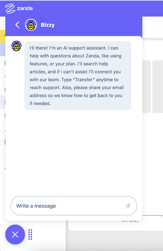 Zanda’s AI assistant, Bizzy.