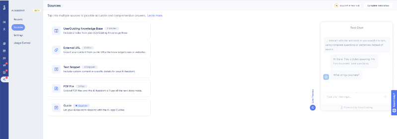UserGuiding allows you to train your AI assistant with several different sources.