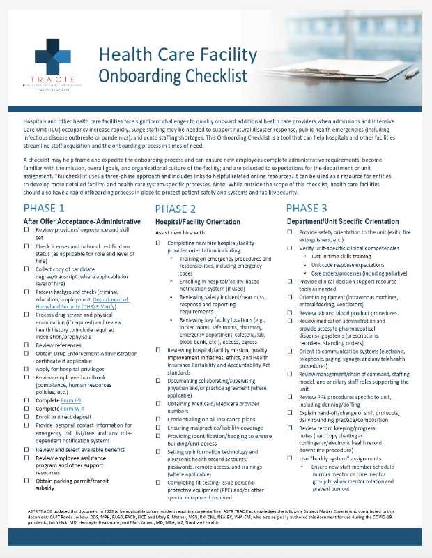 Healthcare facility onboarding checklist.