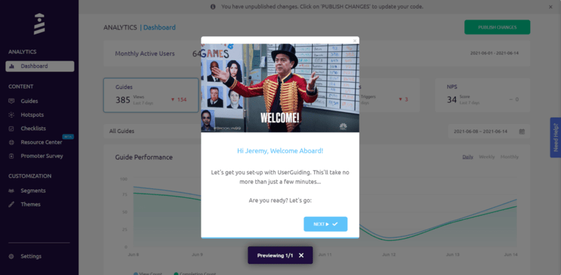 UserGuiding’s welcome pop-up banner
