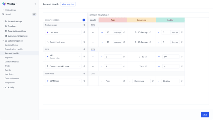 Customer health scoring on Vitally