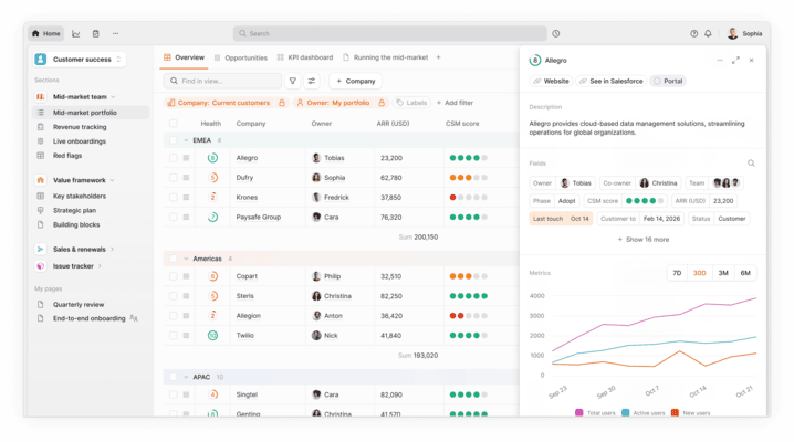 Customer success dashboard on Planhat