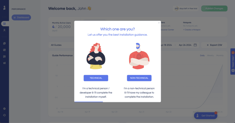 Technical and non-technical user segments on UserGuiding’s welcome page