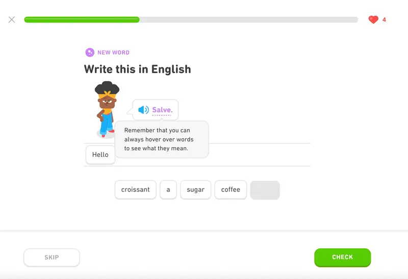 Duolingo’s first lesson during the onboarding.
