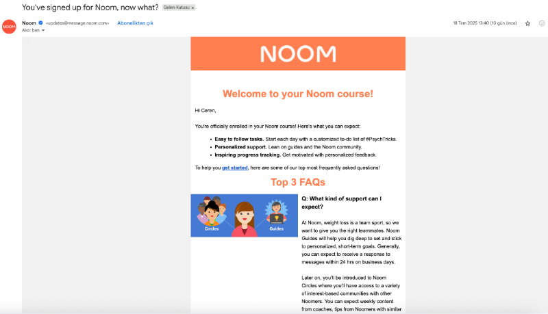 Noom’s onboarding email with FAQs.