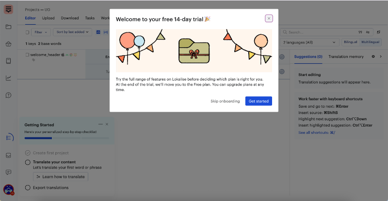 Lokalise welcome modal.