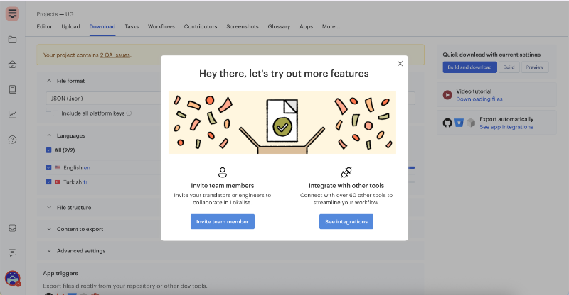 Lokalise’s additional feature tour modal.