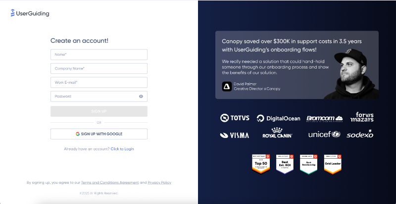 UserGuiding’s signup screen highlights client logos, G2 badges, and a success story.