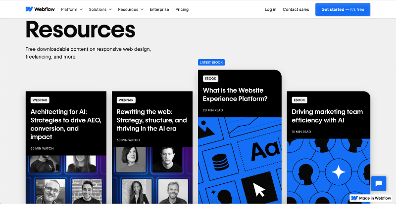 Webflow shares detailed ebooks, whitepapers, reports, and webinars about emerging industry trends and best practices, even if you don’t have an account.