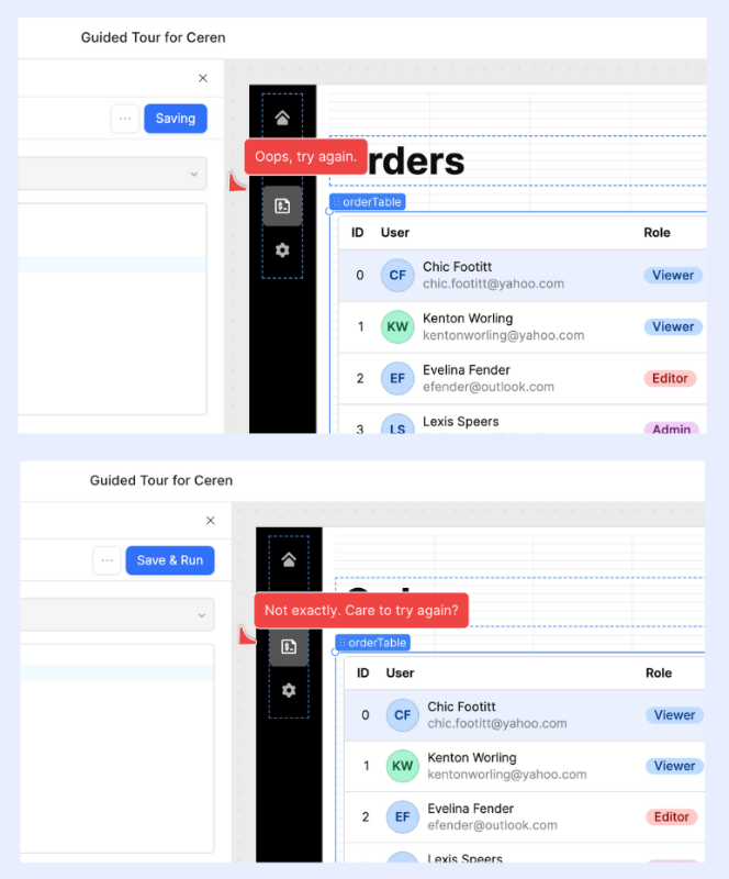 Retool’s error message tooltips.