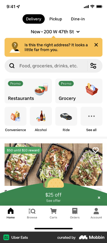 Uber Eats uses tooltips to communicate delivery address and geo-location misalignments.