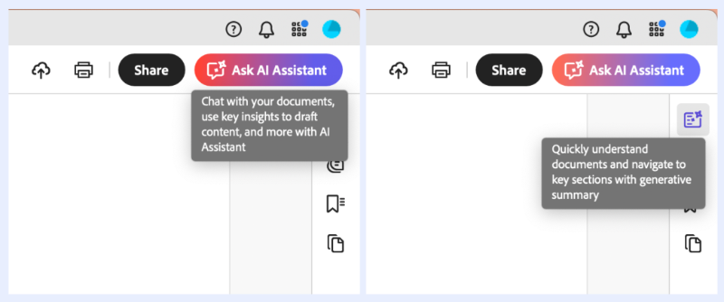 Adobe Acrobat Reader’s tooltips, even though they are small, block the buttons on the UI.