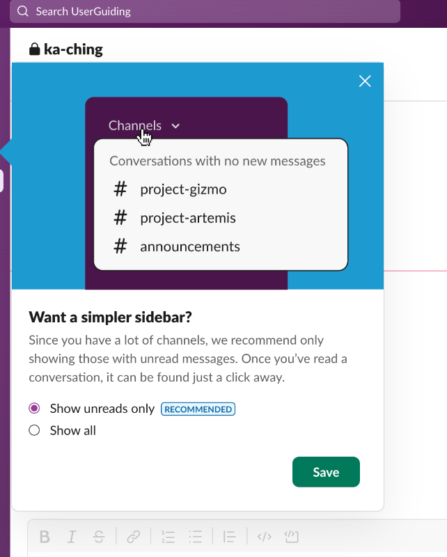 Slack recommends a simplified sidebar for users with a lot of channels.