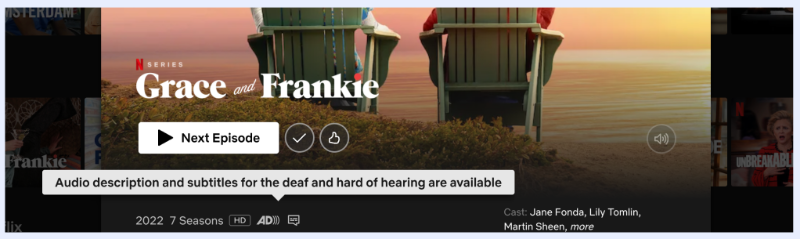 Netflix’s hover-over tooltips explain the audio description and subtitle icons in the UI.