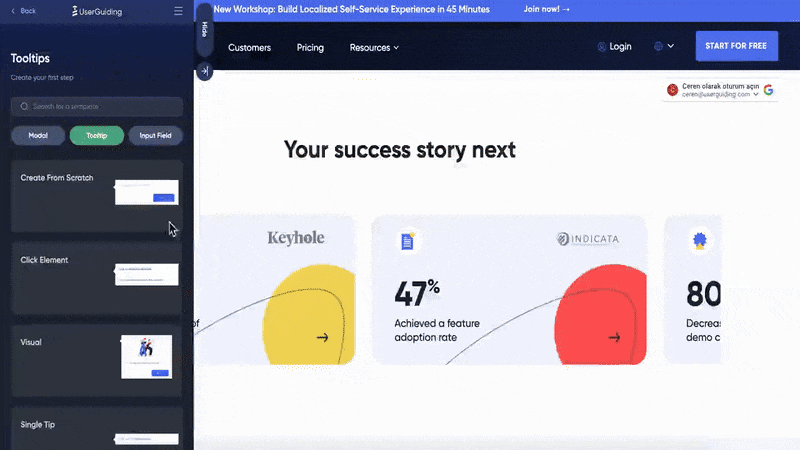 UserGuiding’s tooltip builder and tooltip templates.