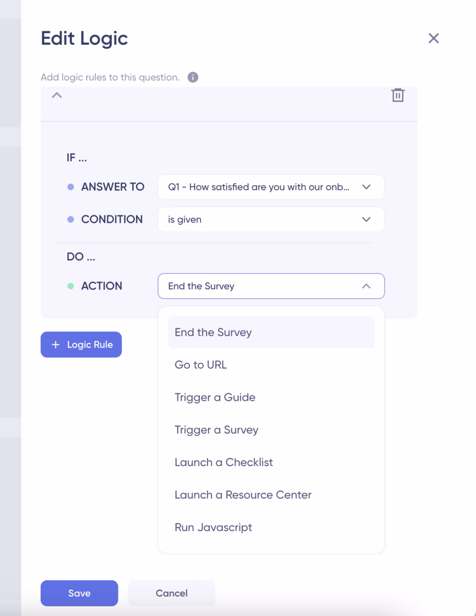 UserGuiding’s logic builder for in-app surveys.