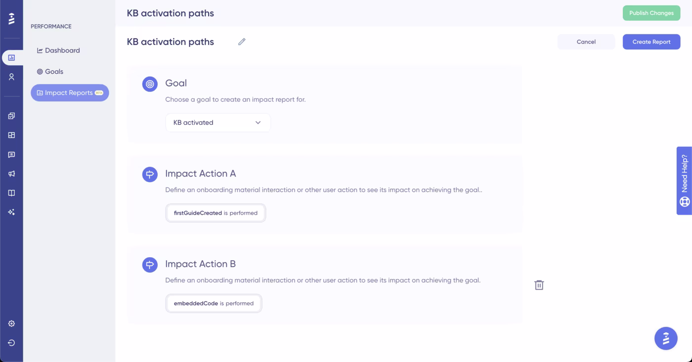 Con UserGuiding, puedes crear informes de impacto para rastrear cómo diferentes acciones de usuarios influyen en tus objetivos.