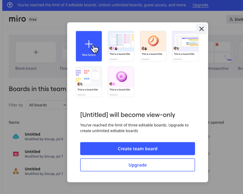 Miro’s contextual upsell pop-up.