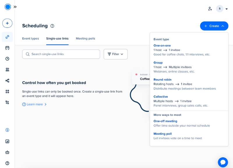 Calendly uses empty state for additional guidance and use case recommendations.