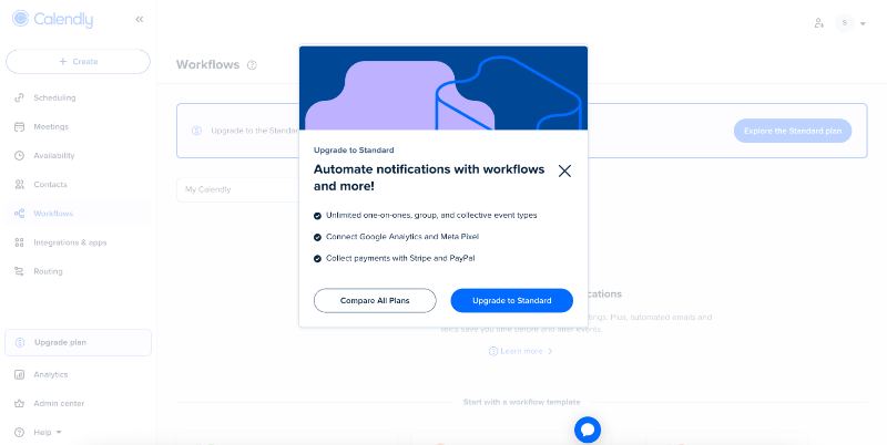 Calendly’s contextual upgrade promotion pop-up modal.