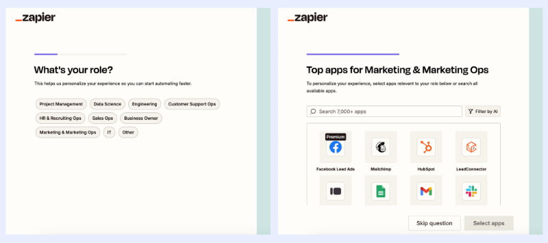 Zapier’s onboarding survey for UX personalization.