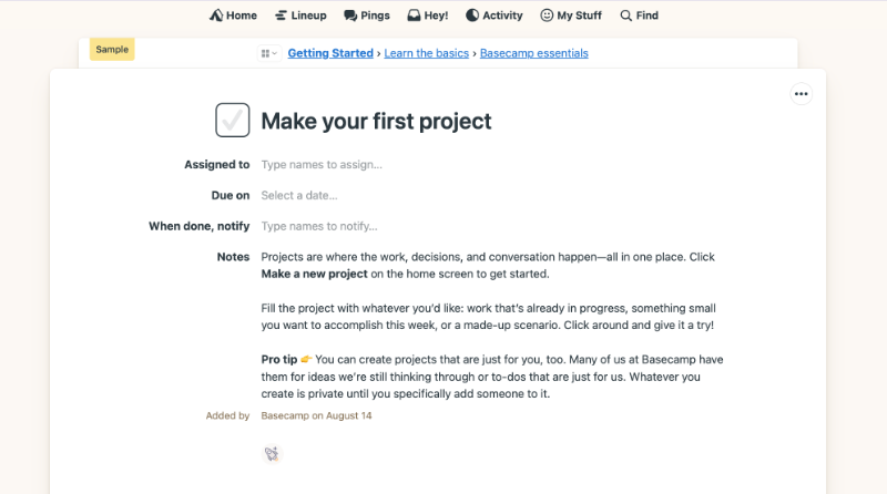 An example task from the onboarding checklist. Basecamp uses the empty state around the UI to offer guidance and pro usage tips.