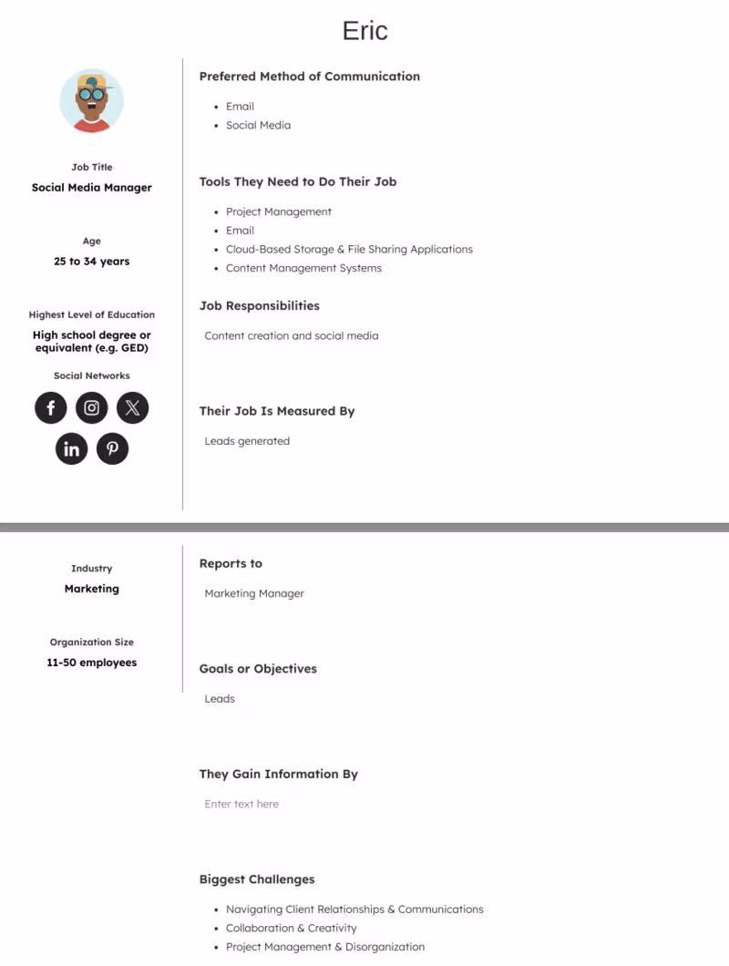 Eric’s user persona profile.