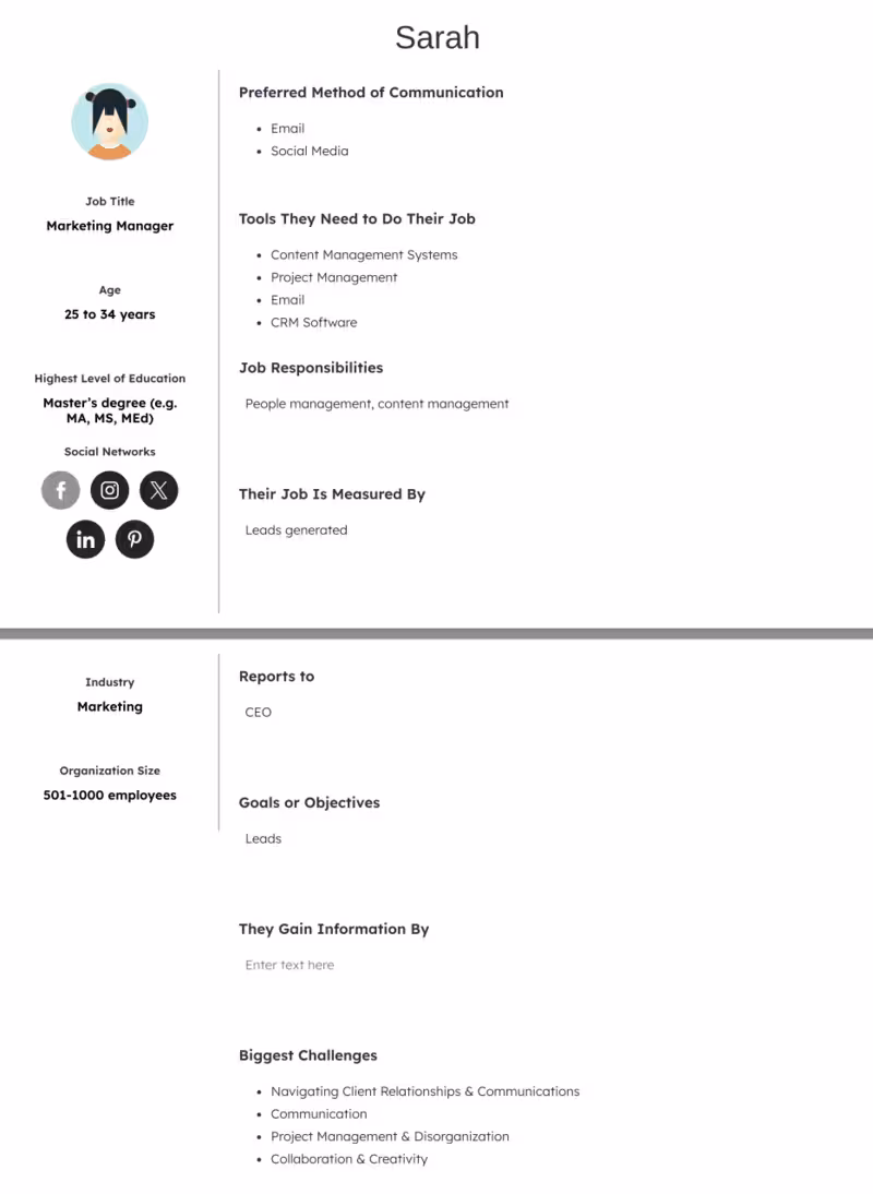 Sarah’s user persona profile.